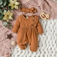 thumbnail image 2 of XDZJLR Baby Boy Girl Romper Autumn Winter Double Layer Crepe Jumpsuit With Waistband Long Pants Headband Outfit Toddlers Infants Brown 0-1 Months, 2 of 7