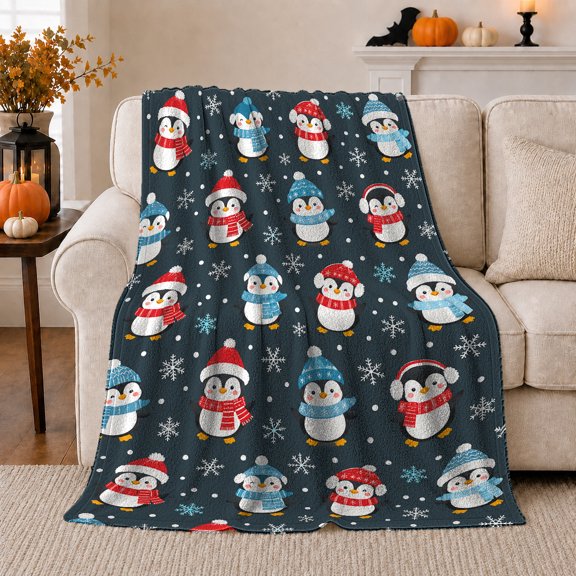 Playful Penguin Winter Friends, Festive Holiday Scene, Warm Flannel Blanket for Living Room and Reading Nook with Detailed Artwork, Art Lovers Friendship Gift, Festive Home Decor