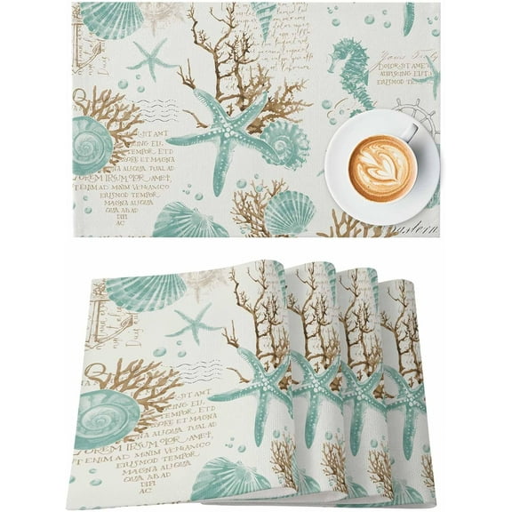Watercolor Coral Starfish Shell Placemats Set of 4 Washable Table Mats for Kitchen Dining Table, Cotton Linen Place Mats for Indoor Outdoor Parties Holiday Decoration, Teal Ocean Retro