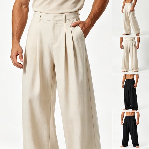 Wrtxtat Men's Casual Dress Pants Baggy Pleated Classic Old Money Wide Leg Slacks Relaxed Fit Lightweight Pull-On Business Work Trousers Khaki M