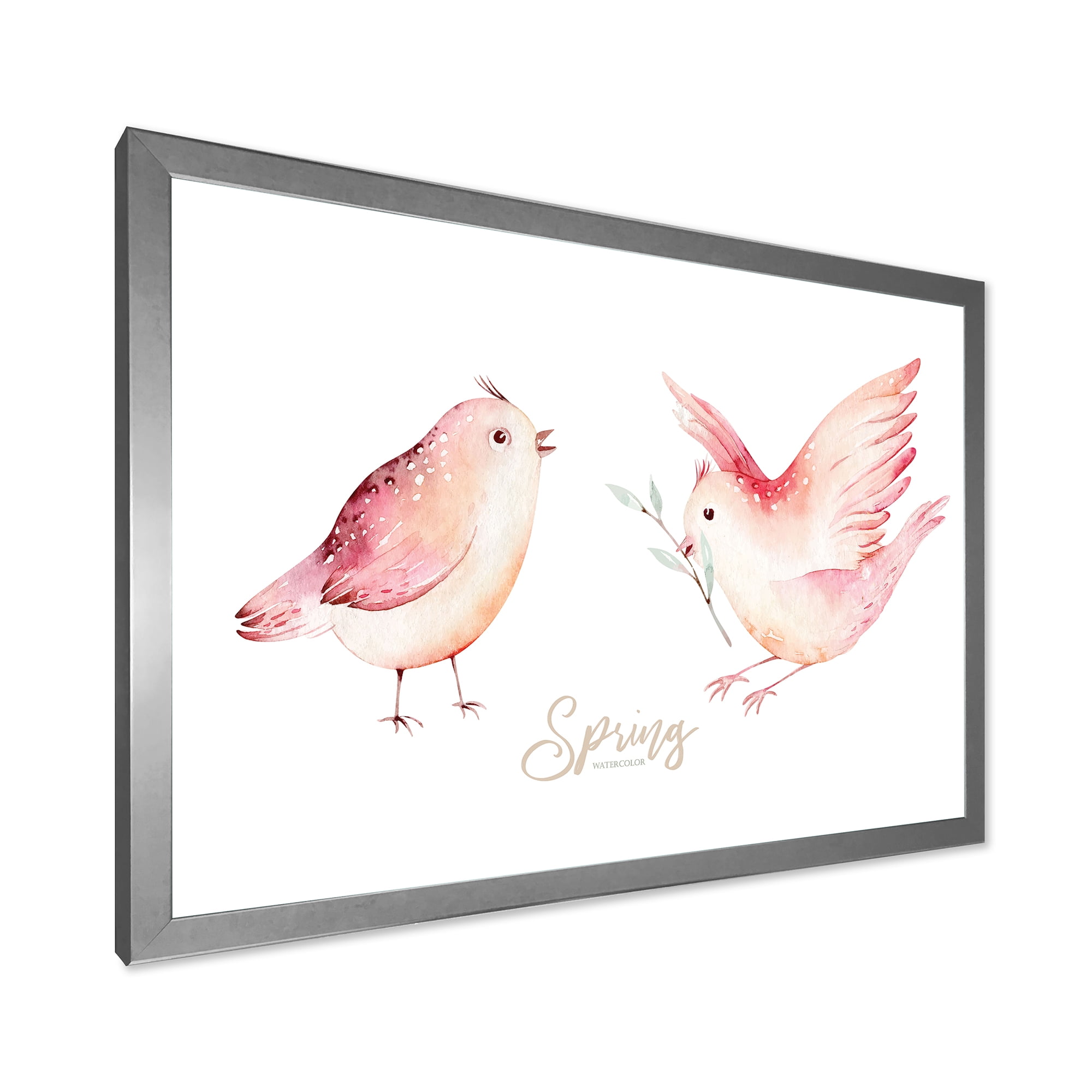 Spring Bird With Green Leaves On White 32 in x 16 in Framed Painting Canvas Art Print, by Designart