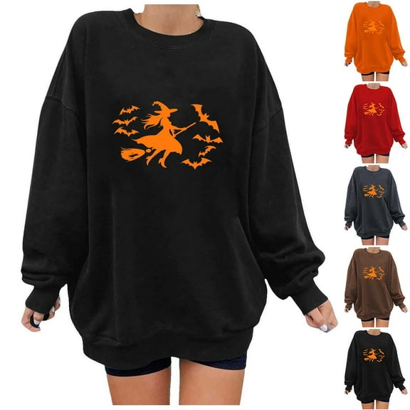 HomeDM Halloween Sweatshirts for Women Casual Loose Crewneck Tops Cute Graphic Long Sleeve T Shirts Fall Pullover - Black/L