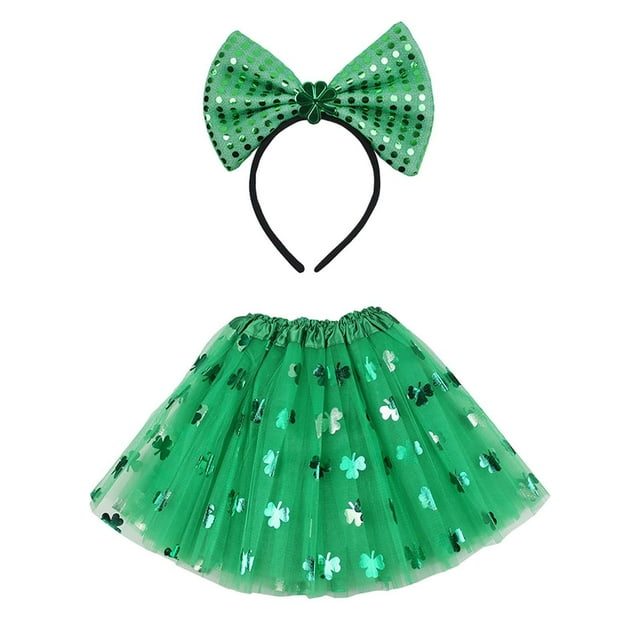 Falda de tul para el Día de San Patricio, diadema, tocado, cosplay, conjunto de diadema de tutú para mujer Verde con trébol