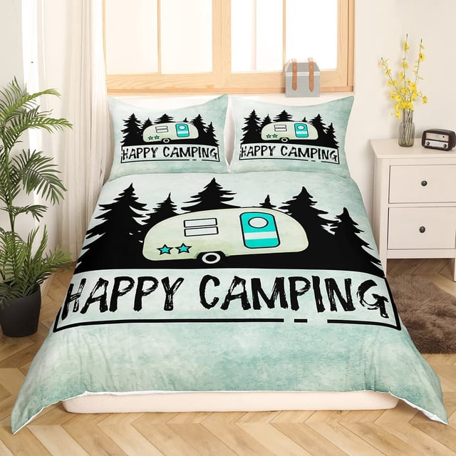 Funda nórdica Happy Camping, Juego de cama Camper de dibujos animados Queen,Retro Rústico