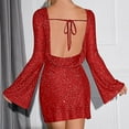thumbnail image 4 of BLTIBY Women Sequin Evening Dress Hip Wrap Ruched Waist Long Sleeve Backless Glitter Cocktail Party Slim Formal Gowns Fashion Clothing Red XXL, 4 of 9
