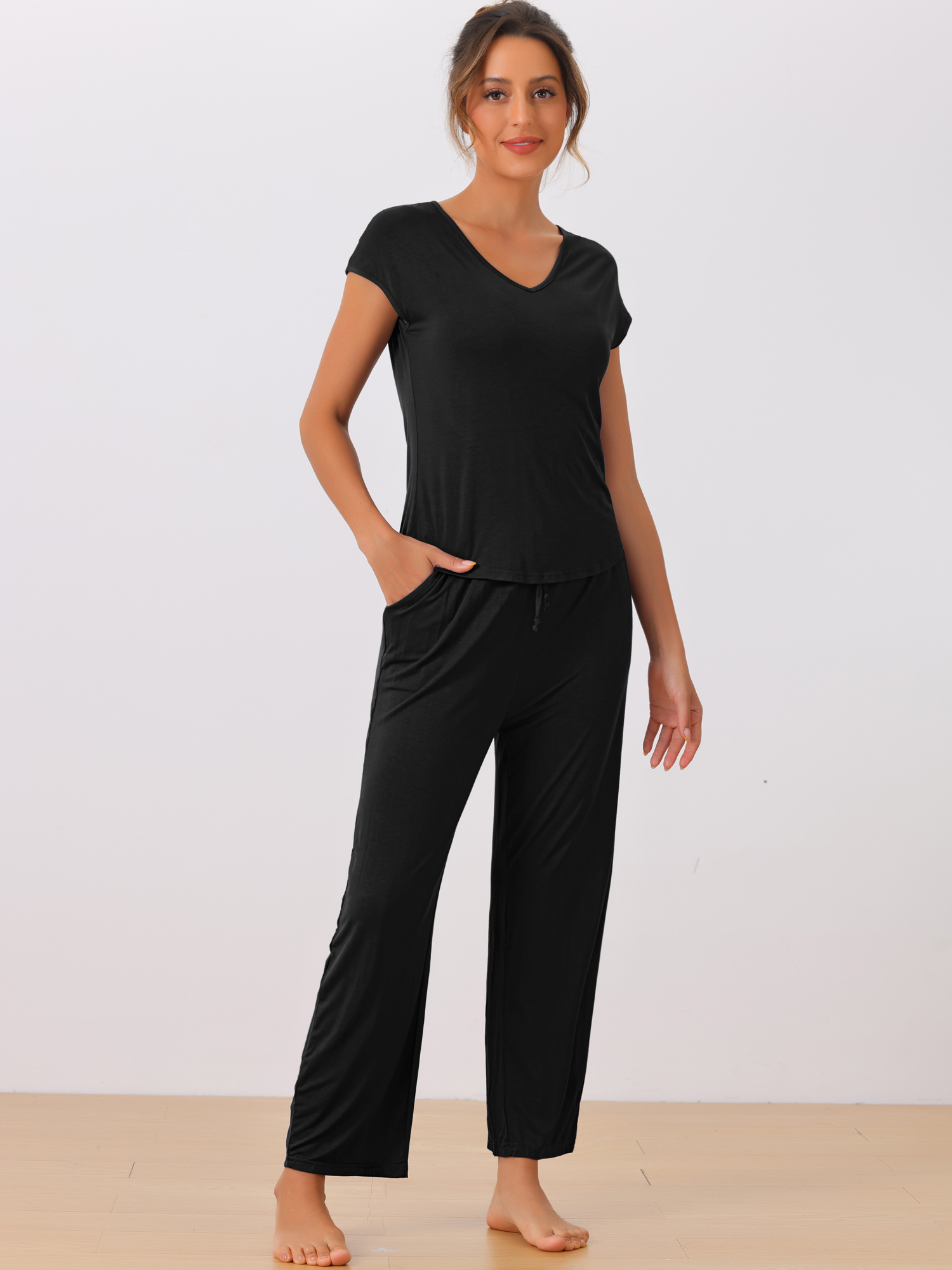 DARING DIVA Women's Short Sleeve Pajama Set Loungewear Long Pants Sweatsuit XL Black