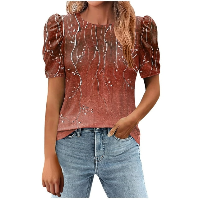 Tnhcen T-Shirt d'Été Ample pour Femmes à Col Rond Imprimé avec Manches Bouffantes Correctrices / Chemise Décontractée Extensible / Design Léger et Respirant / P-2TG
