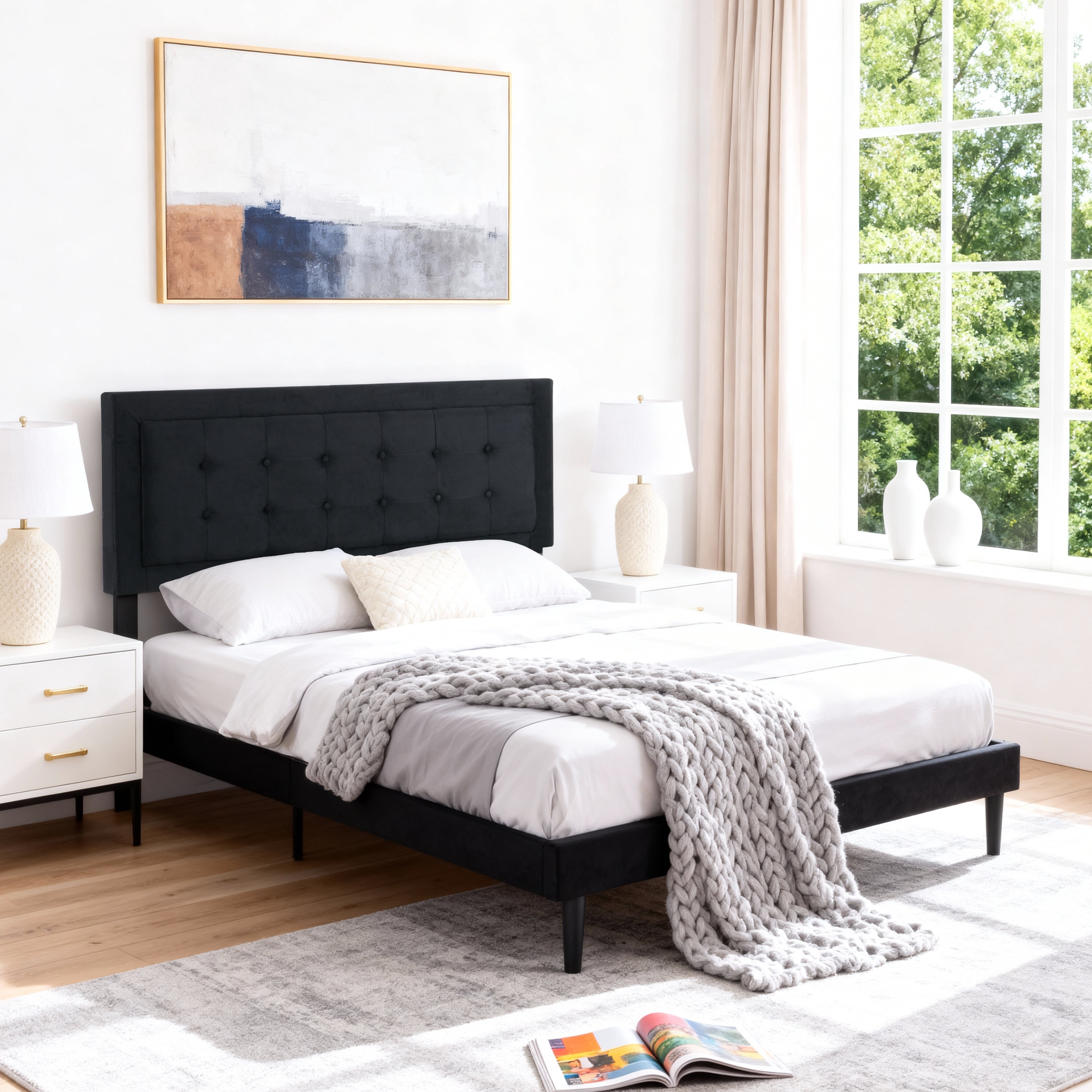 Gewnee Queen Size Velvet Platform Bed Frame, Square Tufted Headboard, Wood Slats Support, 600 LBS Capacity, Easy Assembly, Bedroom Furniture, Black