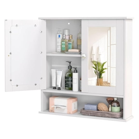Bathroom Wall Cabinet, Over The Toilet Storage Cabinet with 2 Vanity Mirrored Doors, Adjustable Shelf & Open Shelf, Wooden Hanging Medicine Cabinet Mirror for Kitchen & Living Room (White)