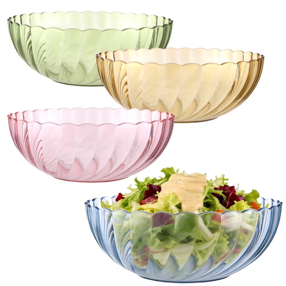 4 Pcs Acrylic Serving Bowls Set, 9 in Colorful Striped Acrylic Salad Mixing Bowls, 62 oz Acrylic Bowls for Fruit Salad Snacks Popcorn Candy Vegetables, Clear Serving Bowls for Kitchen Party Table