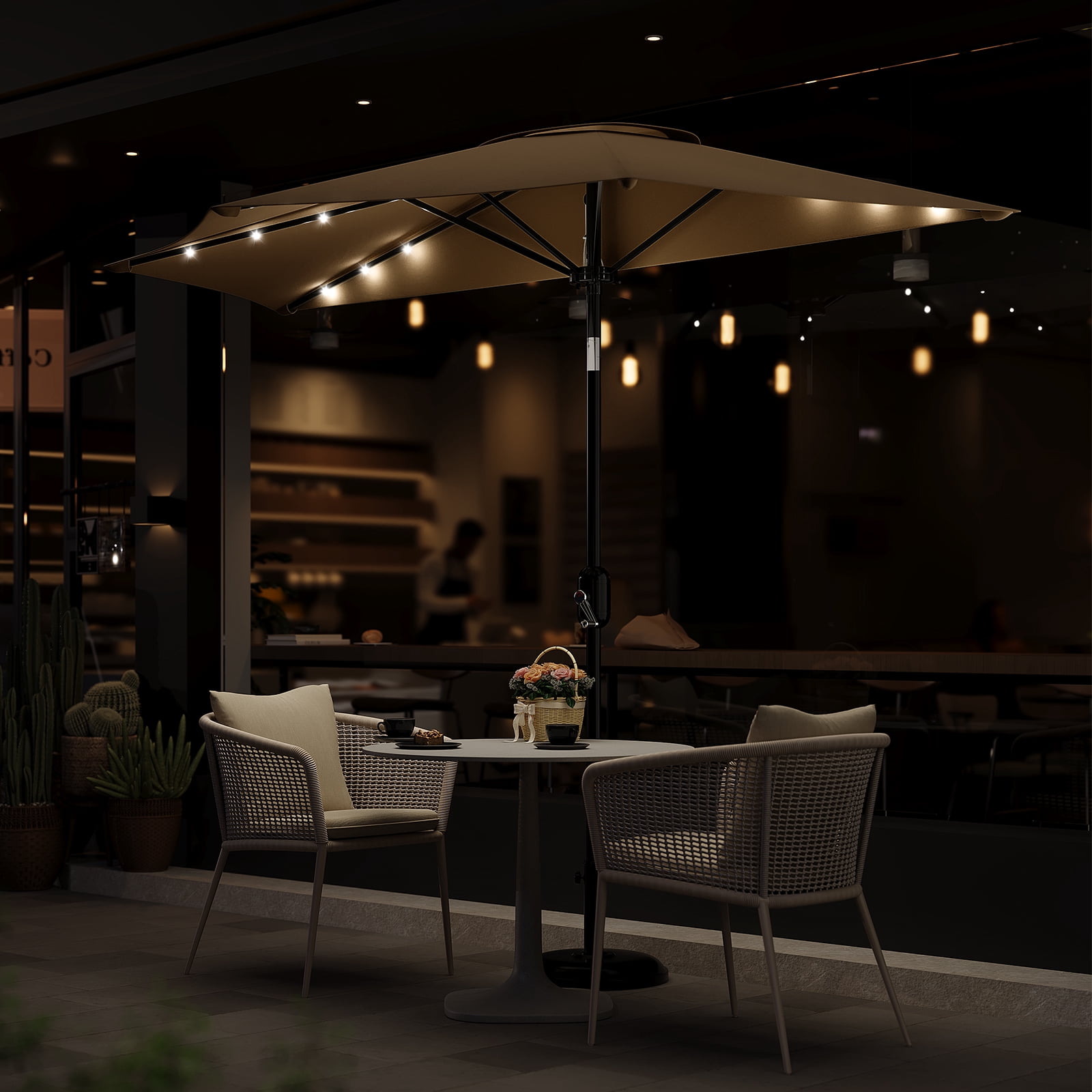 Patio Umbrella 9FT - Half Umbrella Outdoor with Solar LED Lights and Smooth Crank Lift, Outdoor Shade Canopy for Patio, Backyard, Garden, Deck, Balcony