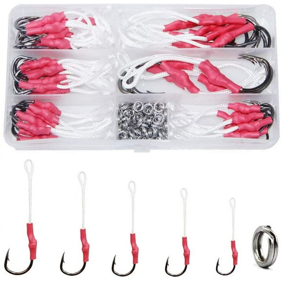 Fishing Assist Jig Hooks with PE Line, 53pcs Saltwater Jig Fishing Hooks Butterfly Jig Hooks Split Rings