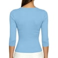 thumbnail image 4 of ABSUYY Womens Scoop Neck Ribbed Knit Layering Tee, Solid Light Blue 3/4 Sleeve Stretch Slim Fit Casual Top,Size L, 4 of 7