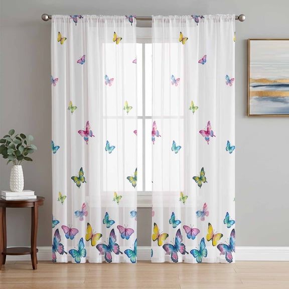 Vintage Colorful Butterfly Sheer Curtains 84 Inch Length 2 Panels Set Window Treatments, Watercolor Butterflies Farmhouse Rod Pocket Semi Curtains for Living Room/Bedroom/Kitchen Décor, 104"W x 84"L
