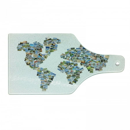 

Collage Cutting Board World Map Shape Created with Different Positive Photos Traveling Themed Picture Decorative Tempered Glass Cutting and Serving Board in 3 Sizes by Ambesonne