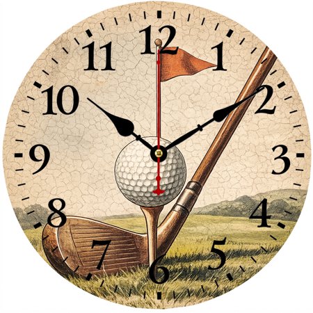 Golf Wall Clock 9.84 Inch, Vintage Golf Ball and Club Decorative Round Analog Clock, Battery Operated with Easy to Read Numbers for Man Cave Office Living Room Golf Gifts