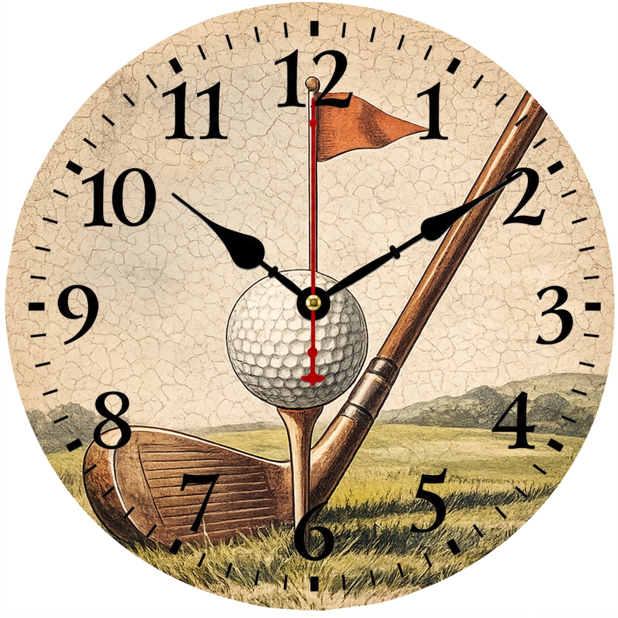 Golf Wall Clock 9.84 Inch, Vintage Golf Ball and Club Decorative Round Analog Clock, Battery Operated with Easy to Read Numbers for Man Cave Office Living Room Golf Gifts