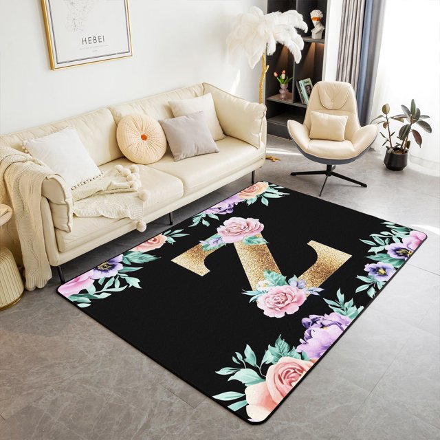 Erosebridal Kawaii Initial Letter Rugs For Bedroom 4'11" x 3'3", Monogrammed Z Living Room Carpet, Vintage Flower Bedroom Rugs, Living Room Rug Decor, Non Slip