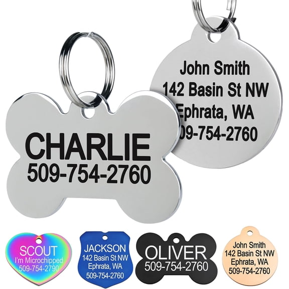 Stainless Steel Pet ID Tags, Custom Engraved Dog Tags and Cat Tags, Multiple Shapes & Colors