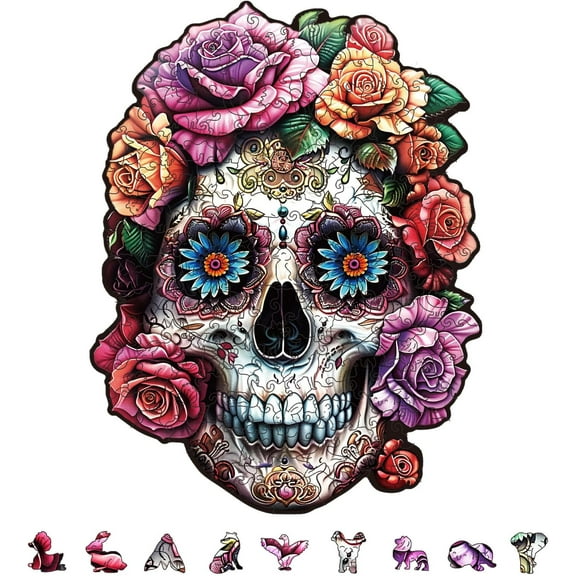 200Pcs Flower Wooden Jigsaw Puzzles for Adults 280x366mm/11x14.4inch Day of The Dead Wood Puzzles Colorful Unique Animal Shaped Wooden Puzzles for