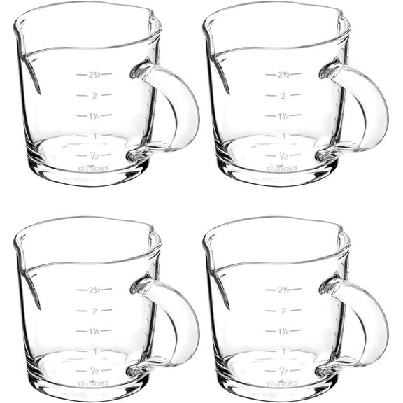Espresso Shot Glass with Handle, 4 Pack 3-Ounce Double Spout Glass Measuring Cup Triple Pitcher Milk Cup with Two Scales (OZ&ML)
