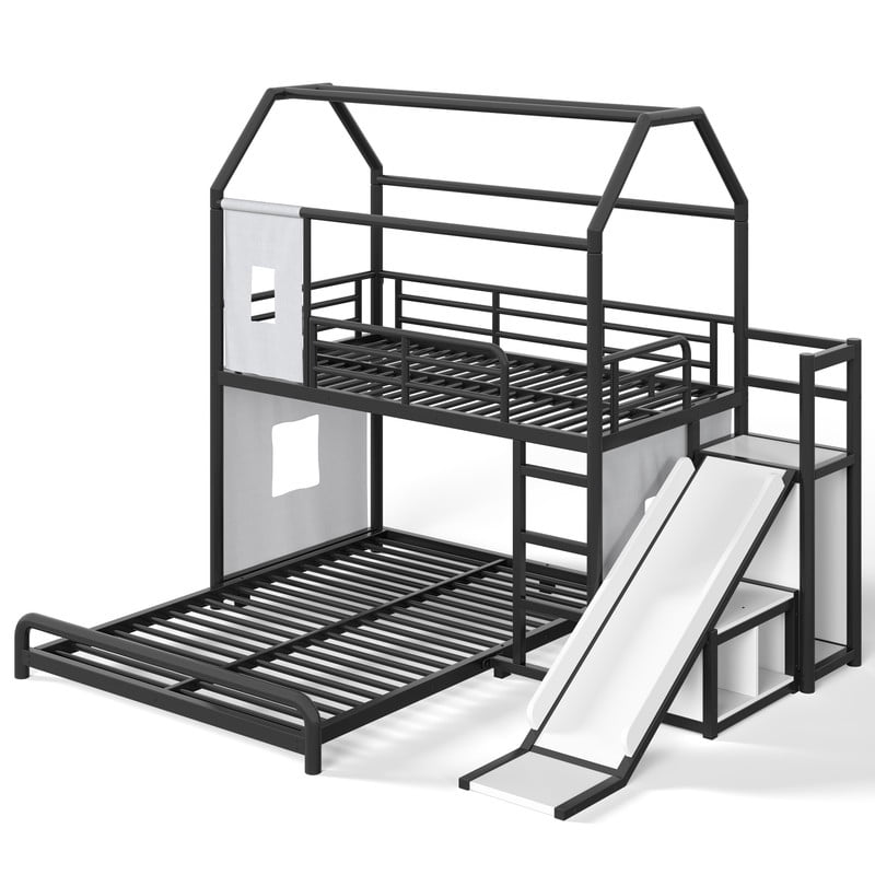 Twin over Full Metal Bunk Bed with Slide, Ladder, LED Light Strip, Privacy Curtain, Movable Storage Cabinet & Hanging Rod, House Shaped Kids Bunk Bed