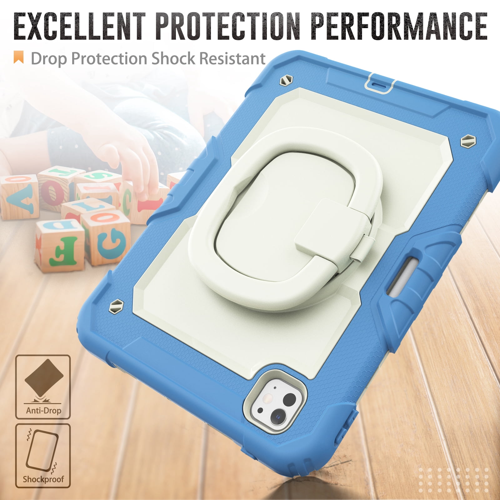 Allytechgroup iPad Pro 11 M4 2024 Case with Screen Protector, Heavy Duty Shockproof Kickstand Handle Bumper Pencil Holder Anti-Scratch Kids Friendly Case Cover for Apple iPad Pro 11" 2024, Blue