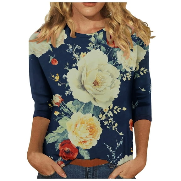 Womens 3/4 Sleeve Shirts Casual Tunic Tops Graphic Crewneck Summer Loose Fitting Workout Tee Shirts Multicolor M