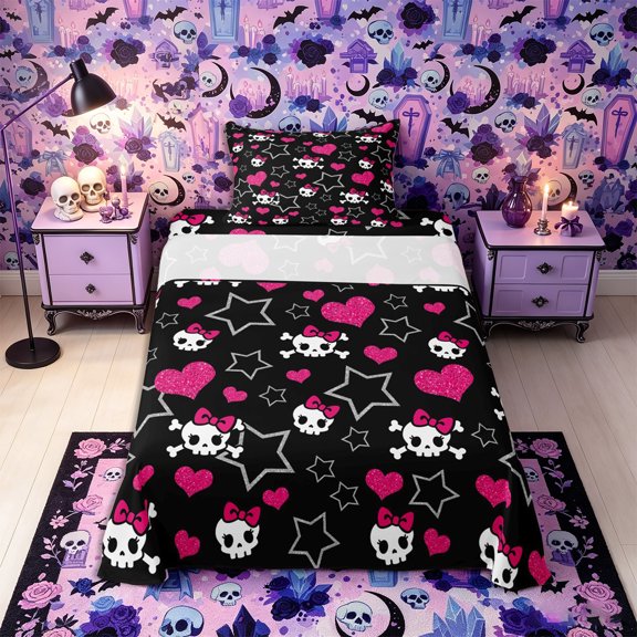 Castle Fairy Y2K Cute Skull Twin Sheets 3pcs,Bow Skeleton Glitter Heart Star Bedding,Pink Black,1 Fitted Sheet,1 Flat Sheet and 1 Pillowcase