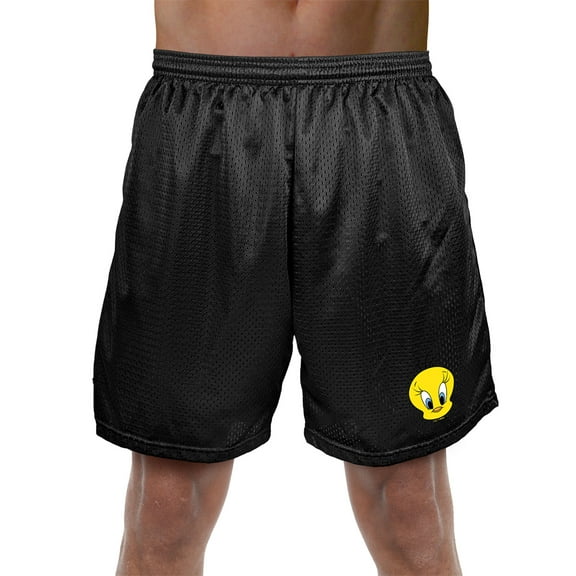 Looney Tunes Tweety Bird Mens Lined Mesh Shorts, Black, Small