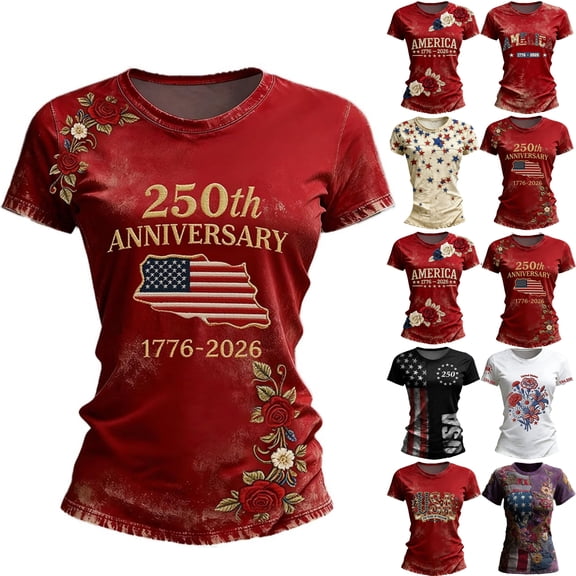 Women's Short Sleeve Round Neck T-Shirt with AMERICA 250th Anniversary Letter Print, Casual Independence Day Top for Patriotic Celebrations Beige L