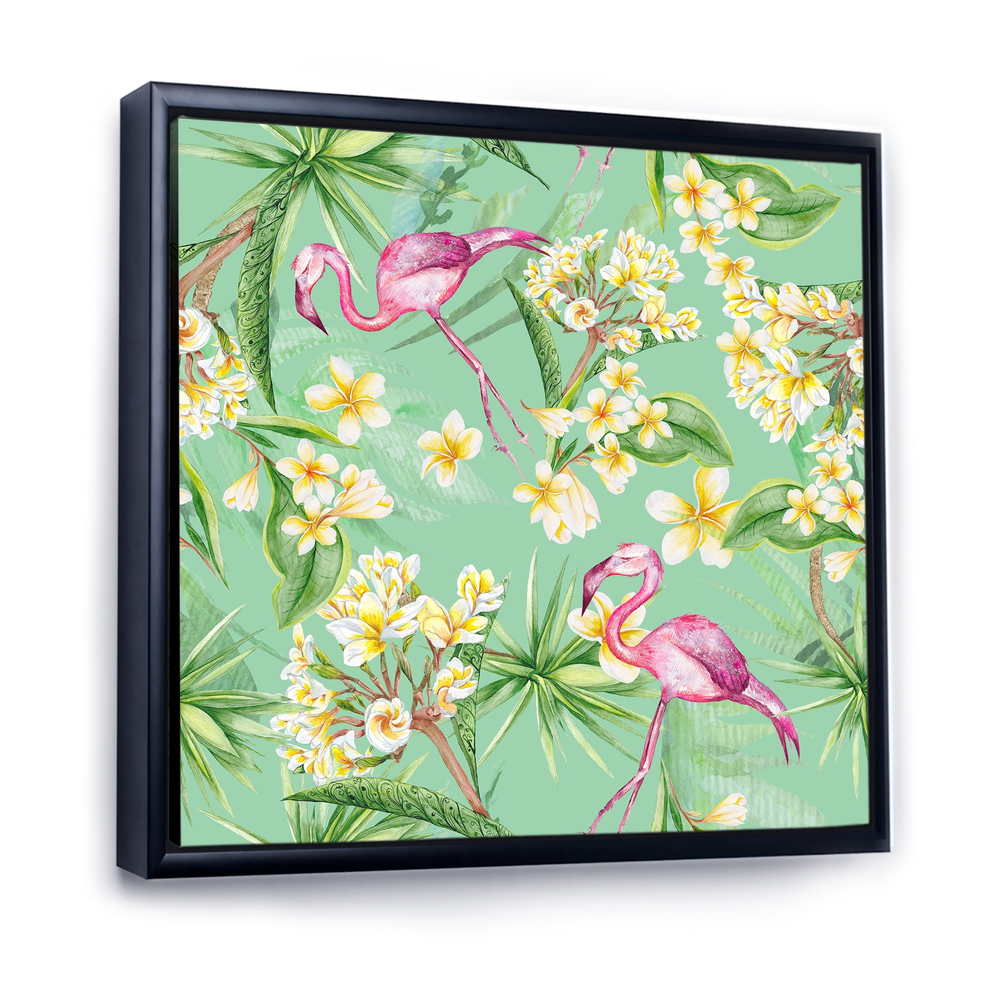 Designart 'Yellow Flowers, Tropical Foliage With Flamingo V' Traditional Framed Canvas Wall Art Print