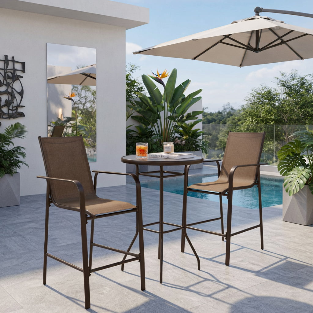 Hommoo 3-Piece Outdoor Patio Bar Set, Steel Frame with Tempered Glass Table and Fabric Upholstered Stools for Backyard, Poolside & Garden, Brown