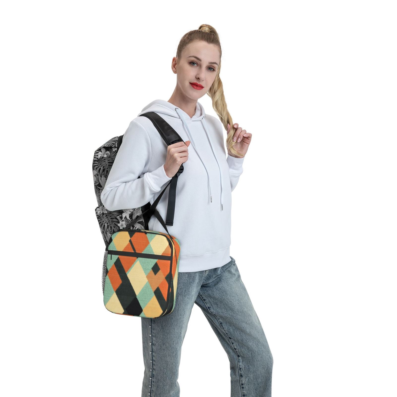 Lunch Bag For Women Men Insulated Portable Lunch Box Bento Box Office Picnic Travel Cooler Bag Argyle Plaid Lightcoral_3
