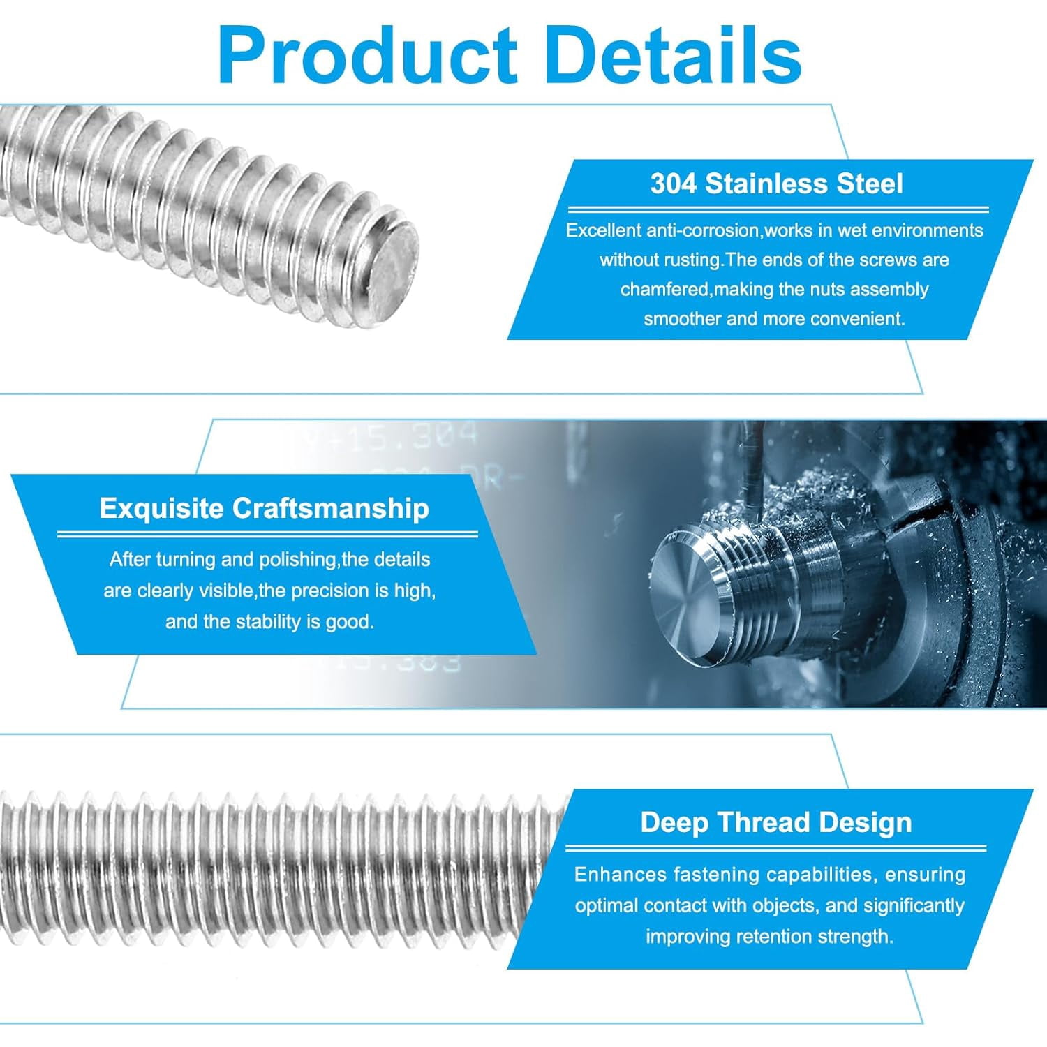 1/4"-20 UNC 304 Stainless Steel Fully Threaded Rod, 15Pcs 2" Length Long Threaded Screw Right Hand Threads All Threaded Rod Studs for Anchoring Bolt, Clamps, Hangers and U-Bolts