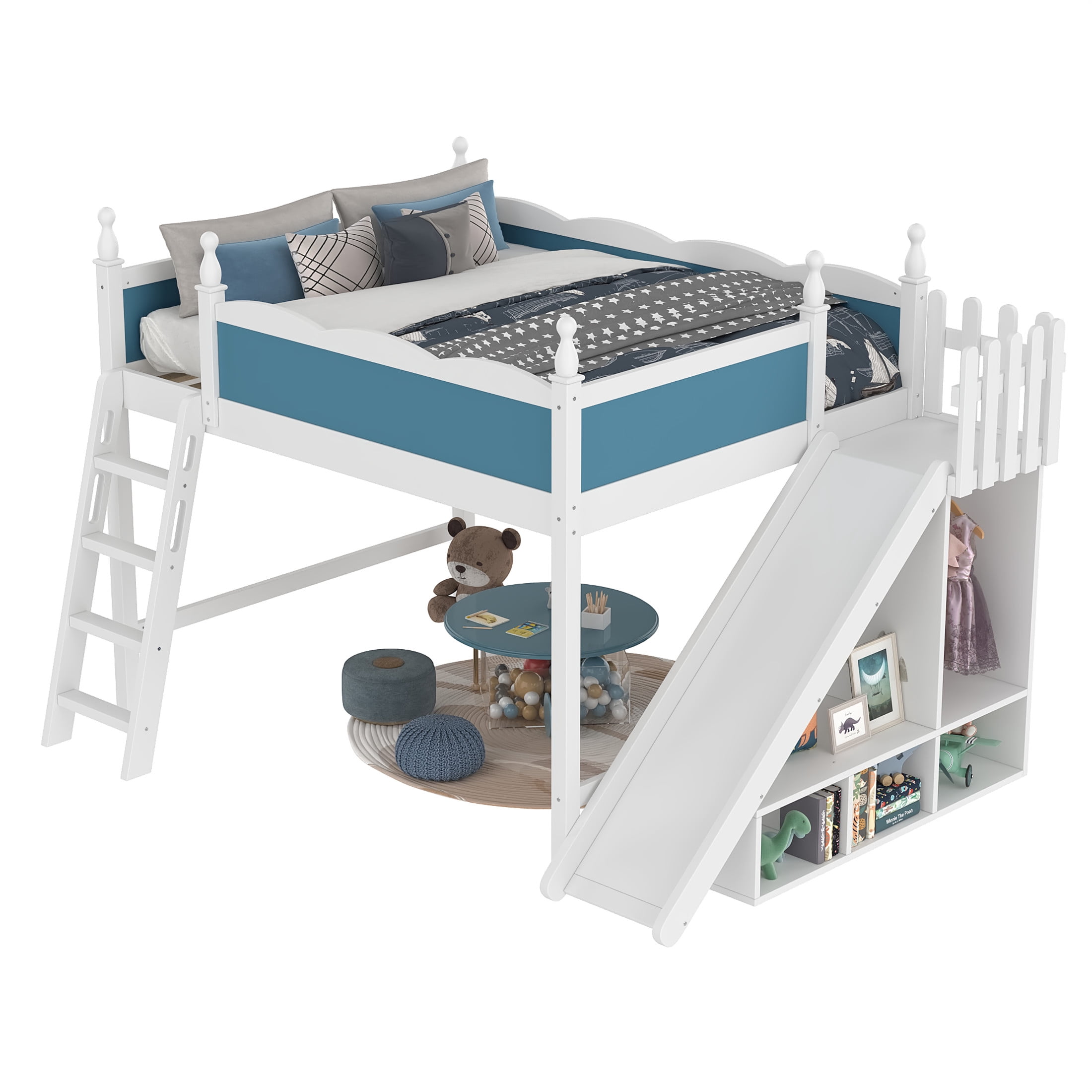 Noble House Queen Loft Bed with Storage Shelves, Detachable Slide and Ladder, White + Blue