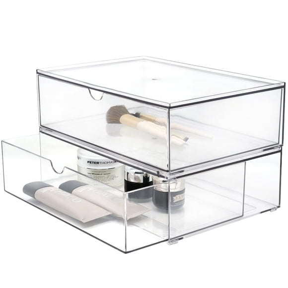 Youngever Paquete de 2 cajones organizadores apilables grandes, organizador de maquillaje apilable, almacenamiento de maquillaje apilable, organizadores de cosméticos transparentes, cajones organizado
