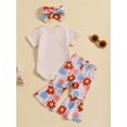 thumbnail image 3 of Bagilaanoe 3pcs Toddler Baby Girl Long Pants Set Letter Print Short Sleeve Romper / T-Shirts Tops + Floral Flare Trousers + Headband 18M 24M 3T 4T 5T Kids Casual Outfits, 3 of 9