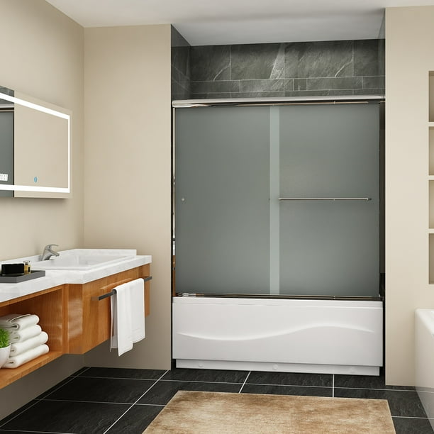 Sunny Shower 60 In W X 57 4 H Bathtub Door 1 Inch Frosted Glass Sliding Doors Double Design Tub Chrome Finish Com 57 4 In H Bathtub Shower Door, Sliding Tub Doors With Mirror