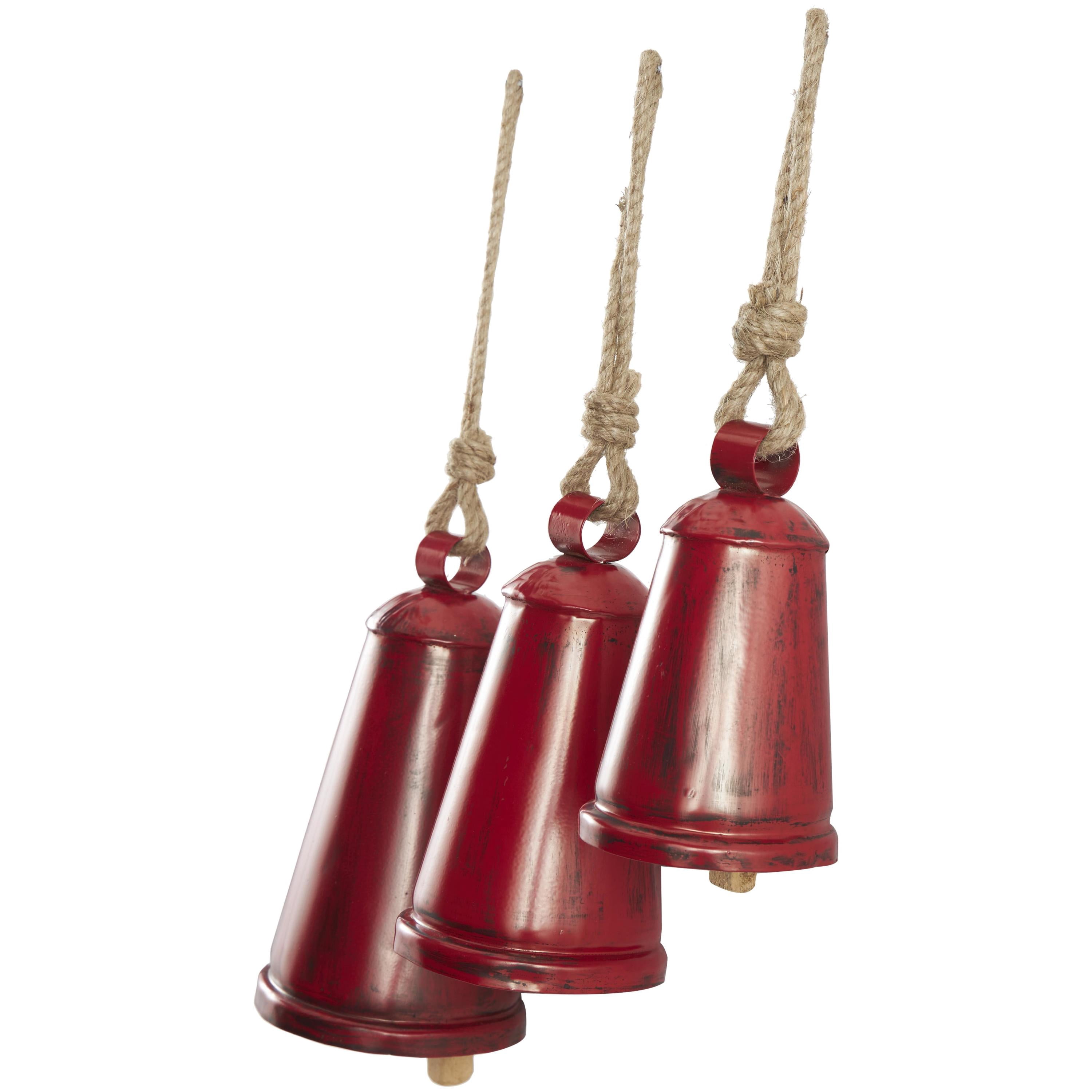 DecMode Tibetan Inspired Red Metal Narrow Cone Decorative Cow Bells with Jute Hanging Rope, 3 Count