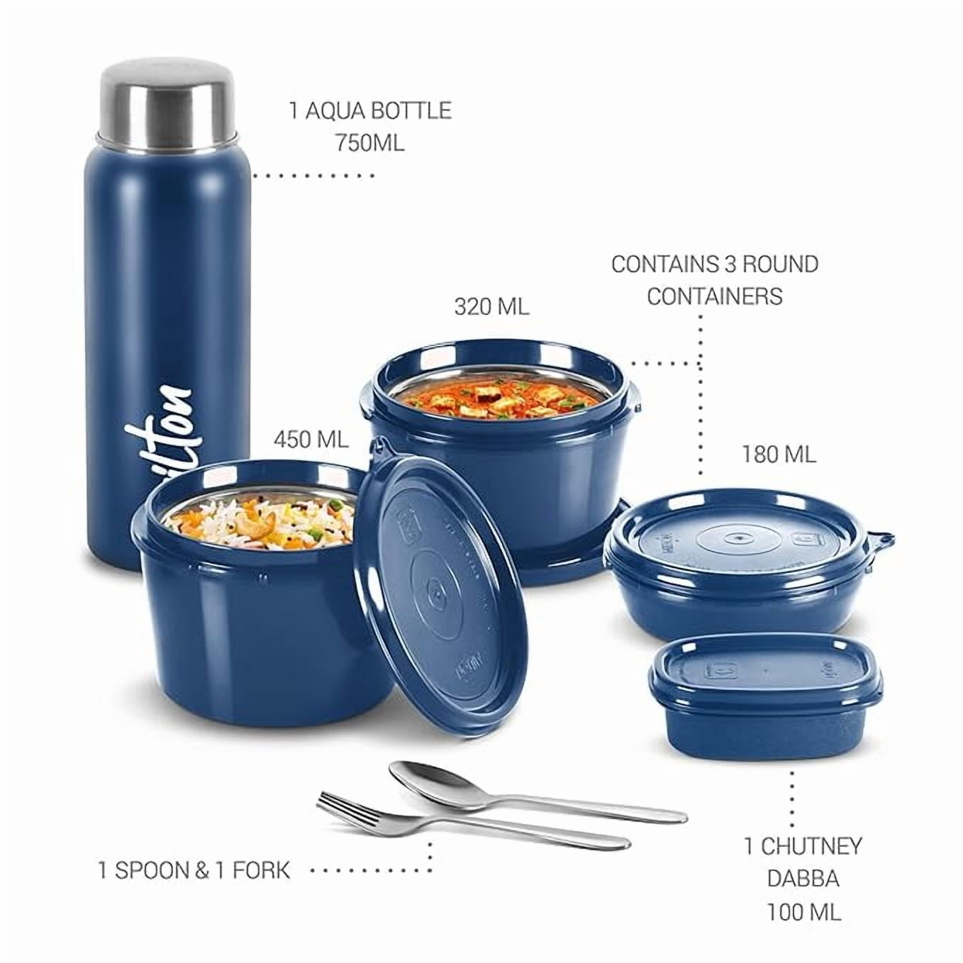 MILTON Pro Lunch Box with Steel Cutlery, 3 Microwave Safe Inner Steel Containers (180 ml, 320 ml, 450 ml), 100 ml, Steel Bottle, 750 ml with Insulated Bag, Office Tiffin, Blue