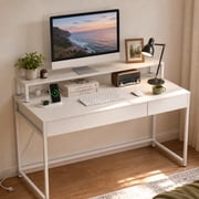37.5" Computer Desk with 2 Drawers & Charging Station, Study Writing Desk with Removable Monitor Shelf for Small Spaces,White
