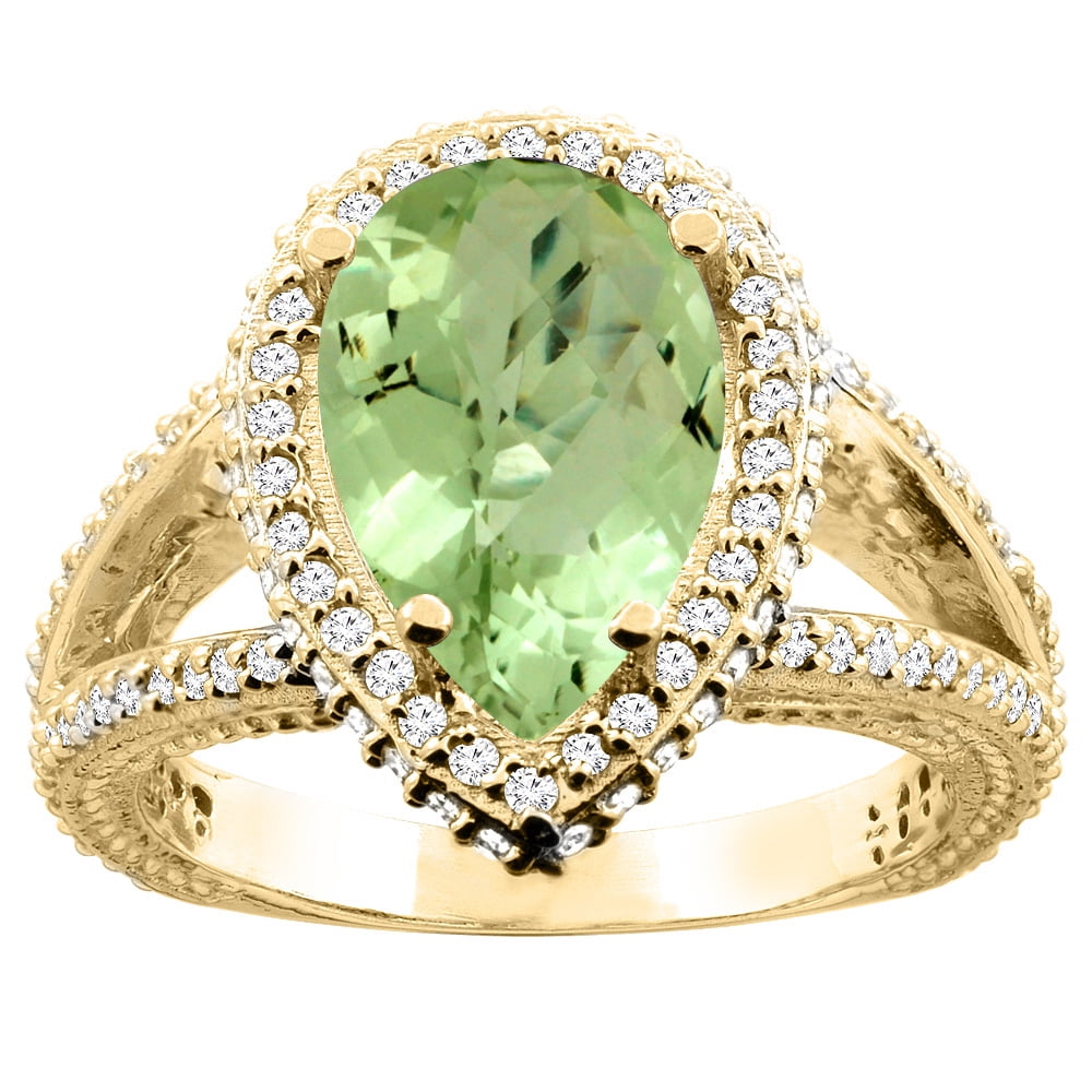 14K Yellow Gold Natural Peridot Halo Ring Pear 12x8mm Diamond Accents, size 5 by Gabriella Gold