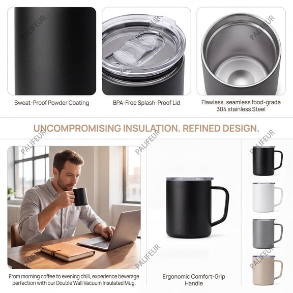 Insulated Coffee Mug with Handle & Lid - 17oz Stainless Steel Travel Tumbler, Double Wall Vacuum (Black) by PALIFEUR