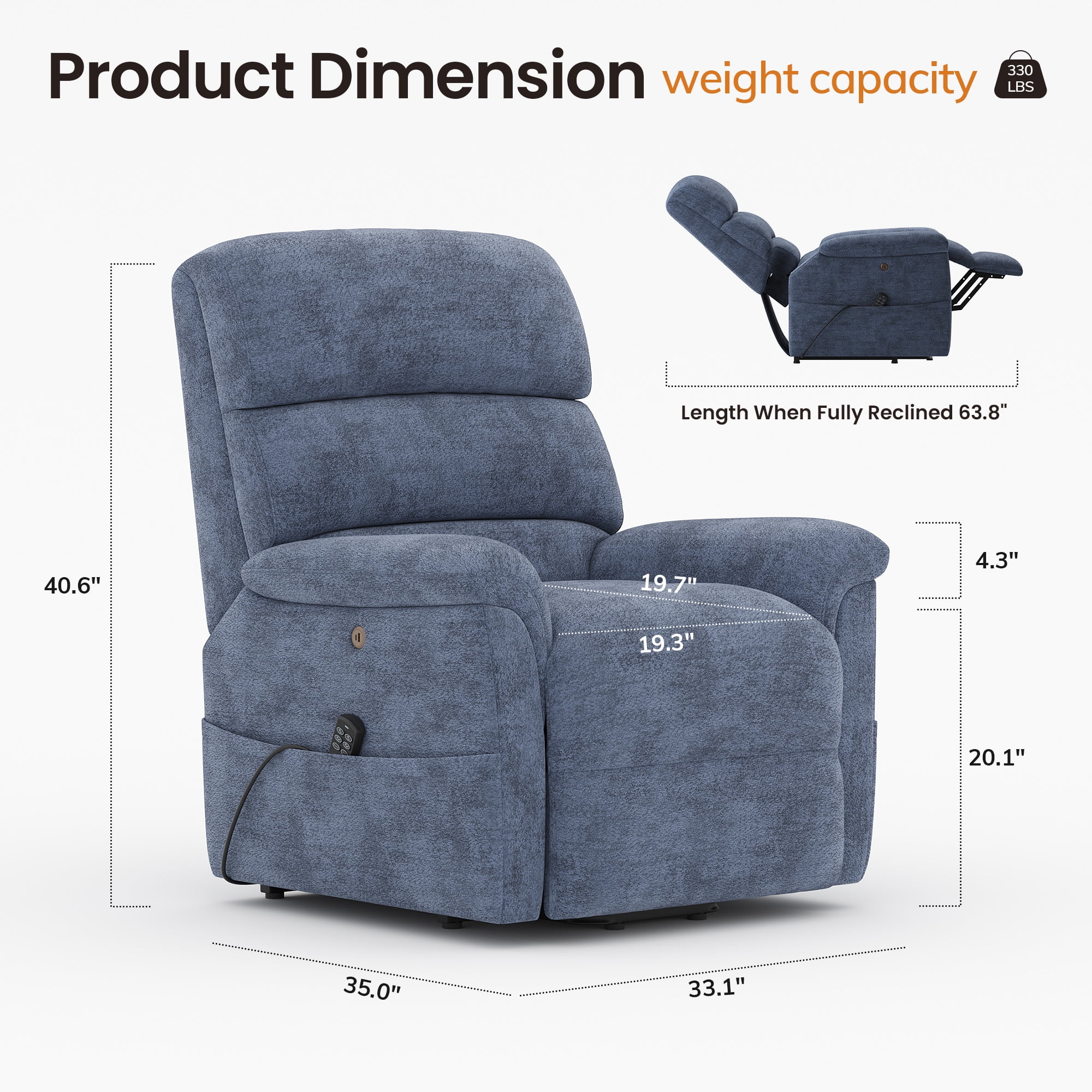 COLAMY Power Lift Recliner Chair for Elderly, Electric Massage and Heat Sofa with Lift Assistance, 20W USB and Type-C Fast Charging, Blue