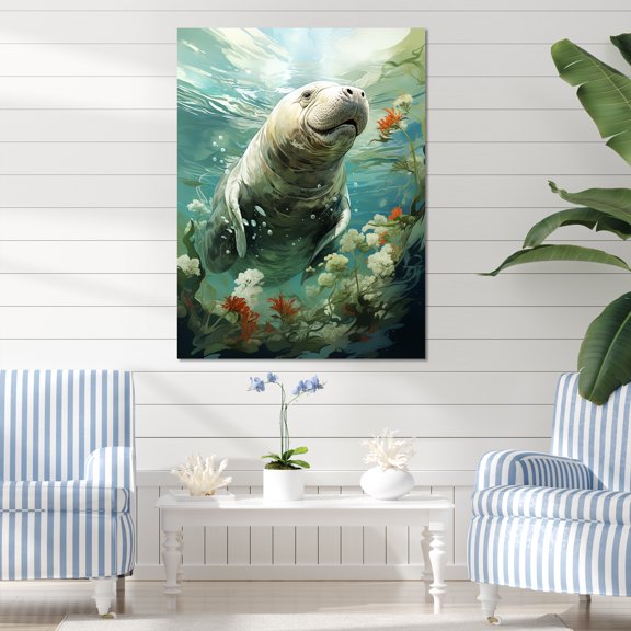 Designart "Manatee Grace Green Majesty I" Animals Canvas Wall Art - Coastal Green Coastal Animal Entryway Wall Art Print