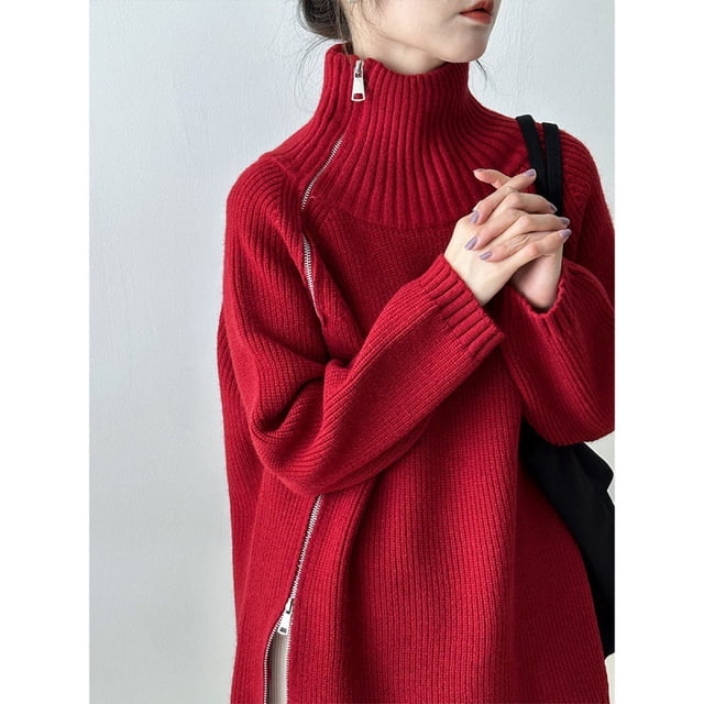 Suéter de cuello alto suelto con diseño de tiro realista Nicho de cremallera Primavera, otoño e invierno Top sencillo para mujer