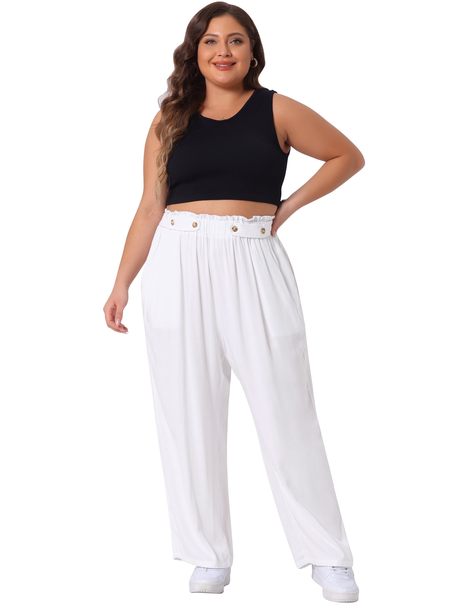 DARING DIVA Women's Plus Palazzo Stretchy High Waisted Wide Leg Pants 3X White