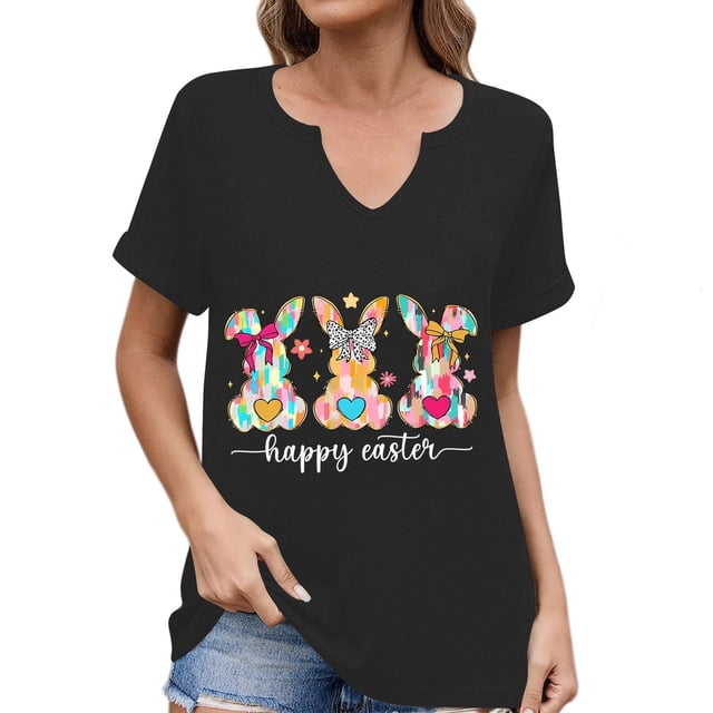 Corto para las Mujeres Casual Verano 2025 Pascua Impresión V-Cuello Camiseta, Ligero 95% Poliéster 5% Spandex Top para Toda la Temporada Hogar Y Diario