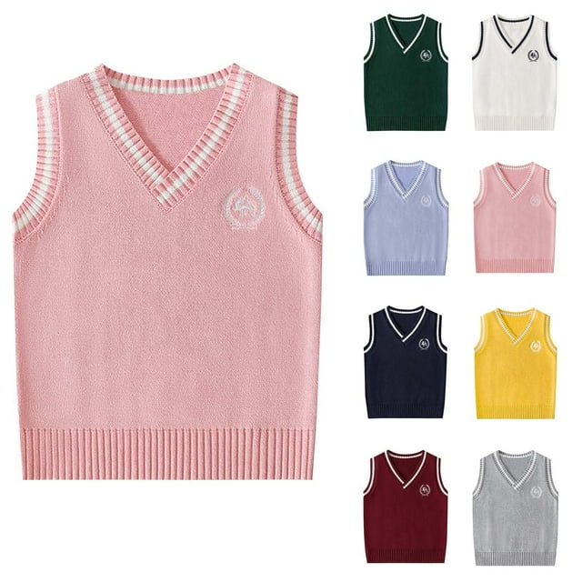 MKOSPLRT Gilet Chandail Garçon Coton Gilet d'Uniforme pour Enfants Filles Col en V Sans Manches Tricot Chandail pour Taille 3-15 Ans Chemises de Rentrée